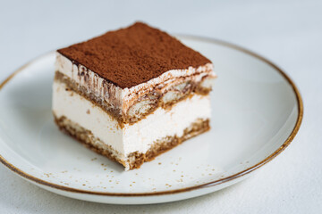 Tiramisu cake dessert served with coffee, biscuit and cocoa as ingredients on a bright white background. One piece of cake