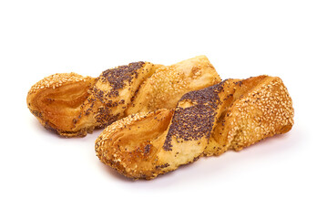 Wholegrain buns with poppy seeds and sesame, close-up, isolated on white background.
