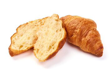 Freshly baked croissants, isolated on white background.