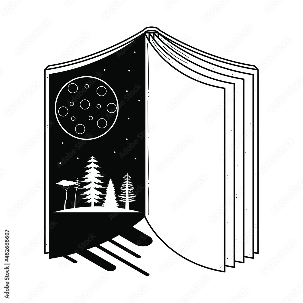 Aufkleber abstract black simple line open book with moon and trees doodle outline element vector design style 