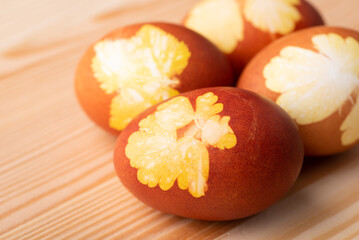 Pysanky painted with old traditional technique with a help of onion and some herbal leaves. Old slavic tradition on Easter