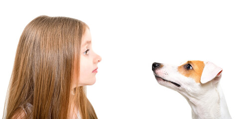 Portrait of a cute little girl and dog jack russell terrier, side view, isolated on white background