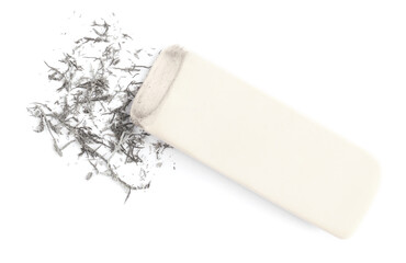Eraser and crumbs on white background, top view