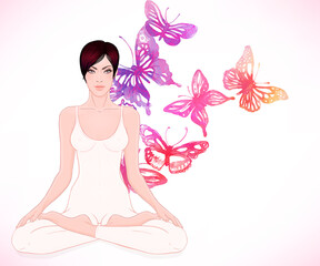 Beautiful Caucasian Girl with long hair sitting in Lotus pose with butterflies on background. Vector illustration. Spa consent, yoga studio, or natural medicine clinic.