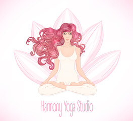 Beautiful Caucasian Brunette Girl sitting in Lotus pose with a flower on background. Vector illustration. Spa consent, yoga studio, or natural medicine clinic.