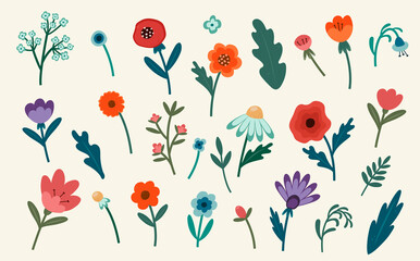 Set of simple abstract flowers in different colors. Design for decor. Vector illustration.