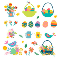 Easter spring set with cute eggs, birds, basket with treats, kettle, watering can. Hand drawn flat cartoon elements. Vector illustration