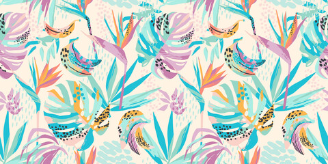 Abstract art seamless pattern with tropical leaves and flowers. Modern exotic design - 482669608
