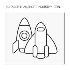  Space transport line icon. Transport for movement of people and goods. Rocket and spaceship. Industry type concept. Isolated vector illustration. Editable stroke