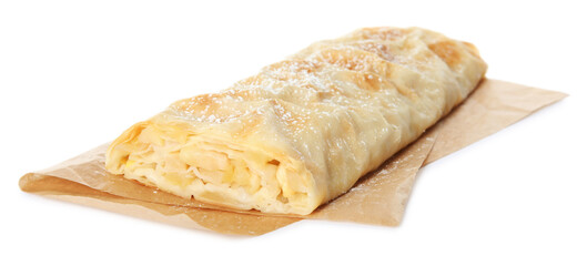 Delicious apple strudel with powdered sugar isolated on white