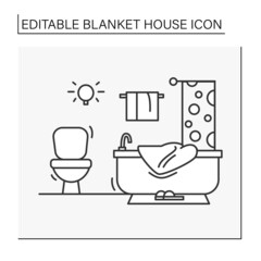 Bathroom line icon. Bathroom with bathtub, curtain towels. House design and modern home bath room interior.Blanket house concept. Isolated vector illustration.Editable stroke