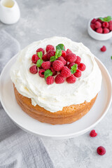 Tres leches cake with whipped cream and fresh raspberries on top of a gray concrete background. Traditional cake from Latin America. Copy space.