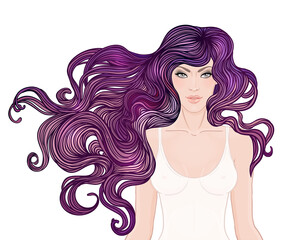 Beautiful Caucasian girl with long curly hair. Vector illustration. Spa, hair salon, beauty or fashion consent.
