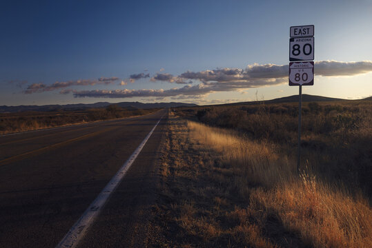 Highway scenery on historic route 80 in the state of arizona. Road trip concept. Travel and vacation concept.