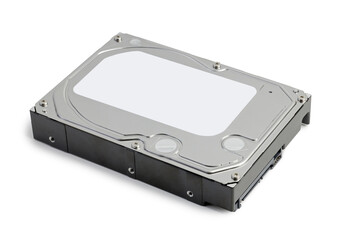 Closeup of internal SATA hard disk drive (HDD) with blank white label isolated on white.