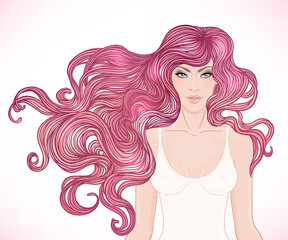 Beautiful Caucasian girl with long curly hair. Vector illustration. Spa, hair salon, beauty or fashion consent.
