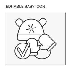  Baby line icon. Cute winter clothing. Hat and gloves for newborns. Baby products. Childhood concept. Isolated vector illustration. Editable stroke