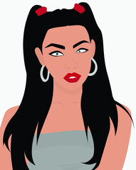 Vector flat image of a dark-haired girl with silver hoop earrings. Lady with beautiful make-up and in a gray top. Design for postcards, posters, backgrounds, templates, avatars, textiles.