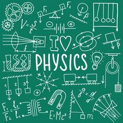 Phisics symbols icon set. Science subject doodle design. Education and study concept. Back to school sketchy background for notebook, not pad, sketchbook. Hand drawn illustration.