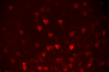 Red hearts, sparkling glitter bokeh background, valentines day abstract defocused texture