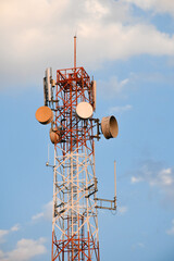 Telecommunication tower of 4G and 5G cellular. Antenna transmission communication. Cell phone signal base station.