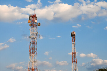 Telecommunication tower of 4G and 5G cellular. Antenna transmission communication. Cell phone signal base station.