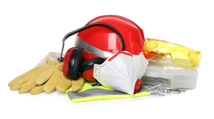 Different personal protective equipment on white background