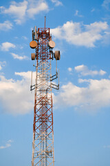 Telecommunication tower of 4G and 5G cellular. Antenna transmission communication. Cell phone signal base station.