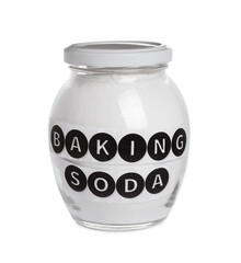 Closed jar of baking soda isolated on white