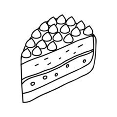 Black hand-drawn vector illustration of piece of cake isolated on a white background