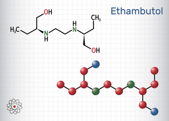 Ethambutolе, EMB molecule. It is bacteriostatic agent used for treatment of tuberculosis. Structural chemical formula and molecule model