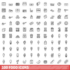 100 food icons set. Outline illustration of 100 food icons vector set isolated on white background