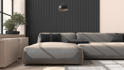 Modern living room in classic apartment with window in gray and cream tones, close-up, parquet floor, comfortable sofa with pillows, floor lamp, carpet, plants, interior design idea