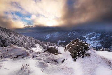 Beautiful winter landscape in the Jesen&iacute;k mountains in the Czech Republic. A peak called Red Mountain