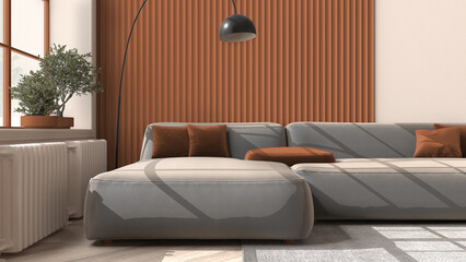 Modern living room in classic apartment with window in orange and cream tones, close-up, parquet floor, comfortable sofa with pillows, floor lamp, carpet, plants, interior design idea