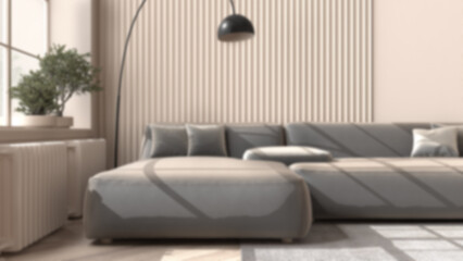 Blur background, modern living room in classic apartment, close-up, parquet floor, comfortable sofa with pillows, floor lamp, carpet, plants, interior design idea