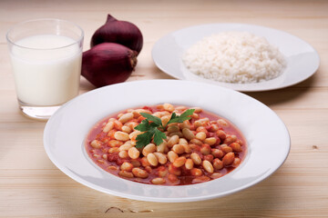 Turkish Kuru Fasulye food with Traditional Turkish table with decoration