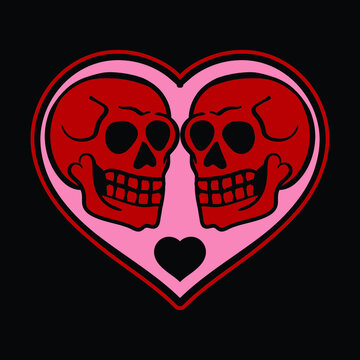 a pair of red skulls in a heart hand-drawn illustration premium vector