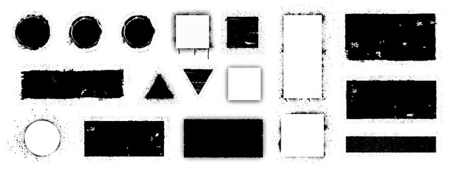 Callouts grunge, info boxes template with grunge style. Dirty collection Grunge post stamps, circle, triangular, squares, rectangles. Vector distress textures, blank grunge shapes. Vector set