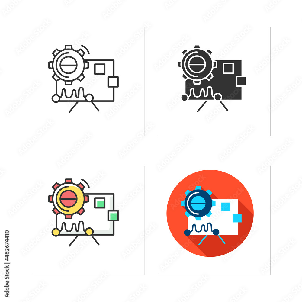 Poster performance analysis icons set. gear with statistic chart. creative technology product or service el