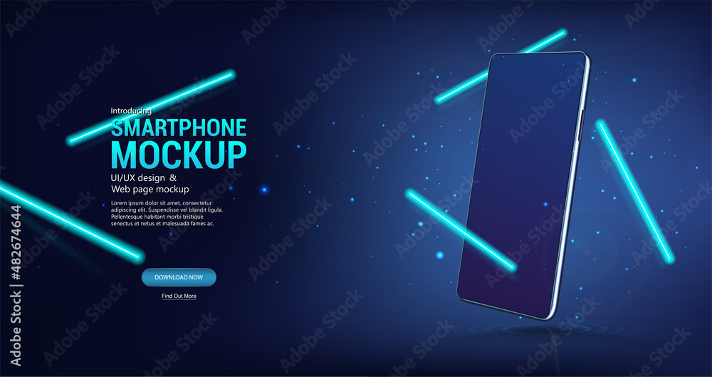 Poster modern neon background with mockup smartphone in perspective. realistic 3d cellphone. blue mockup mo
