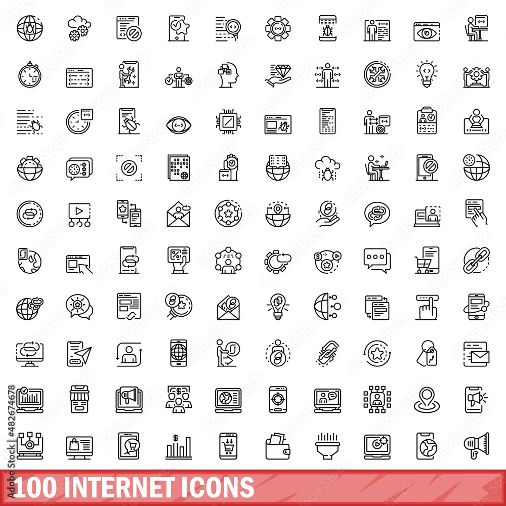 Poster 100 internet icons set. outline illustration of 100 internet icons vector set isolated on white back
