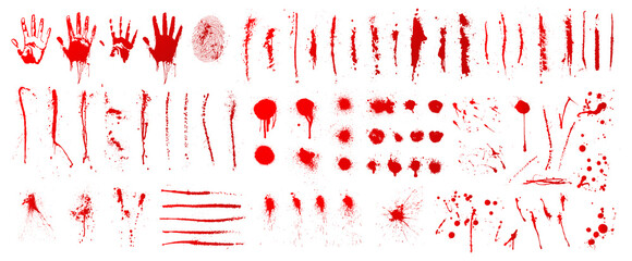 Dirty collection of paint splatter imitating blood, cut marks, splashes, drops, blots, spray, bloody hand and dirty fingerprints. Isolated set blood ink with splashes and drops. Red grunge set - obrazy, fototapety, plakaty