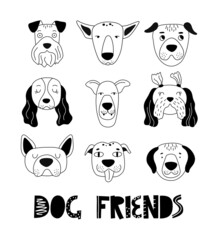 Set of funny cartoon dogs with lettering in hand drawn style. Outline hand drawing. Perfect for t-shirt, apparel, cards, poster, nursery decoration. Isolated on white background vector illustration