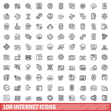 100 internet icons set. Outline illustration of 100 internet icons vector set isolated on white background