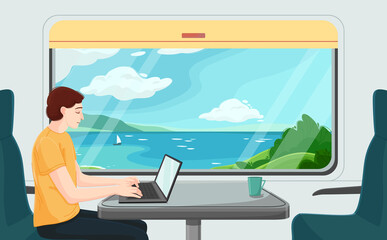 A male freelancer works on a train with a laptop. View of the ocean from the train car. Travel and work. Vector colorful illustration in cartoon style. View of the beautiful seascape.