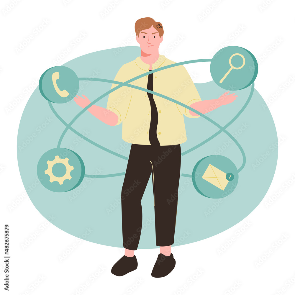 Aufkleber office worker or clerk stressed out because of workflow cycle. concept of daily task routine, effect
