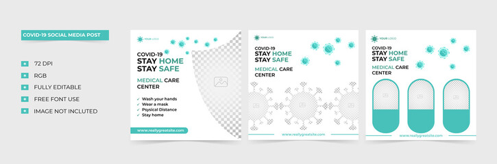 Covid-19 medical care social media post template. Modern covid-19 square banner with place for the photo. Usable for social media