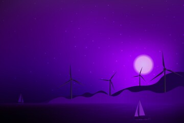 Wind turbines, ecological power generators, standing on the hills. Beautiful starry night on a Sea beach with rocks and sailing yachts.