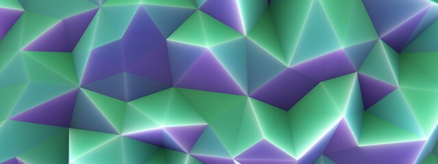 3d render, abstract  purple green crystal shaped wax plastic background, macro panorama, wide panoramic polygonal wallpaper
